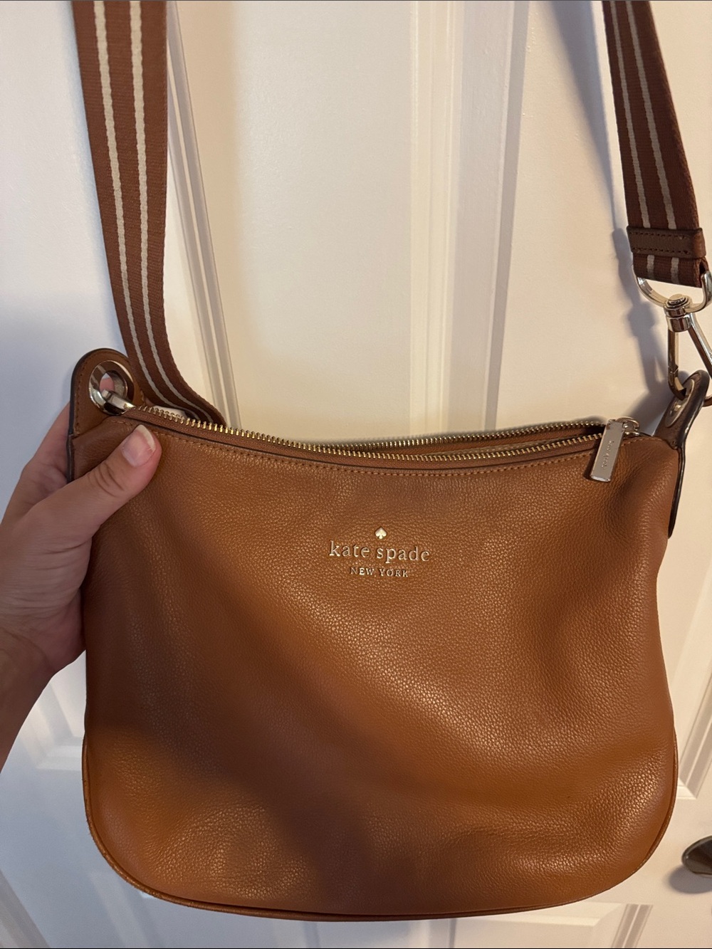 kate spade tan leather crossbody with striped strap
